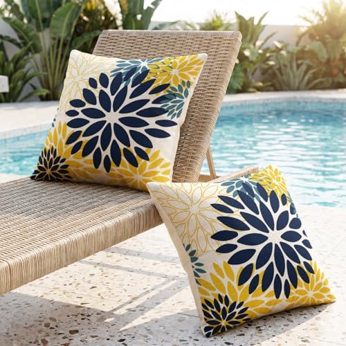 AVOIN colorlife Dahlia Flowers Blue and Yellow Waterproof Outdoor Throw Pillow Covers, 18 x 18 Inch Outdoor Summer Cushion Case Decoration for Patio Garden Porch Set of 2 - Image 2