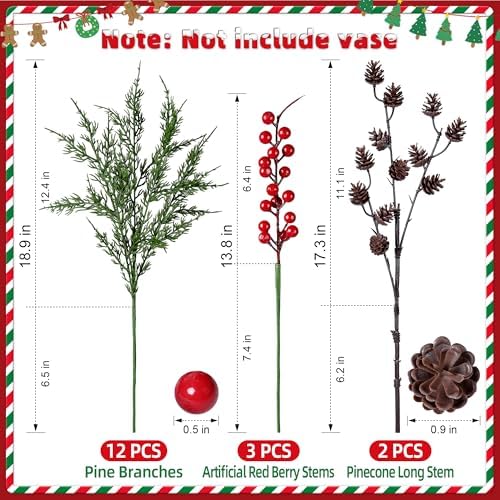 Faux Cedar Stems Artificial Norfolk Pine Branches for Christmas Decorations, 17 PCS Faux Pine Stems with Pinecones Red Berries Branches Realistic Faux Greenery for Vases DIY Garland Xmas Table Indoor - Image 5
