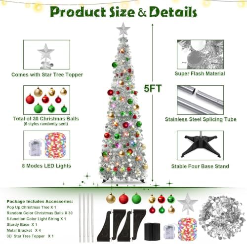 N&T NIETING Pop Up Christmas Tree with Lights & 30 Balls, 5Ft Collapsible Silver Tinsel Christmas Tree Decoration for Holiday Home Office Decor - Image 3
