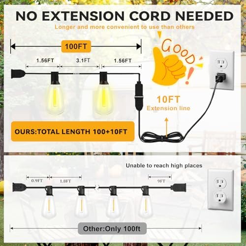 100+10FT LED Outdoor String Lights, Patio Deck Lights with 50+2 Shatterproof ST38 Edison Bulbs, Dimmable Warm White Waterproof Outside Hanging Lights Connectable for Backyard Porch Garden - Image 3