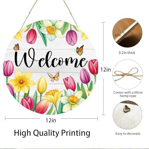 Welcome Spring Sign for Front Door, Spring Tulip Wooden Sign front Porch Decor, Seasonal Floral Wooden Hanging Decor for Home Outdoor Indoor - Image 2
