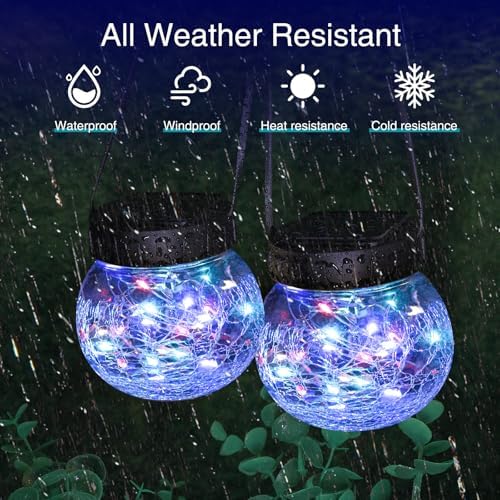 kolpop 6 Pack Solar Lantern Outdoor Lights, Multi-Coloured Solars Lanterns with 30 LED, Crackle Glass Ball Waterproof Hanging Solar Lights for Garden Decor Patio Fence Yard Christmas Tree Decoration - Image 4