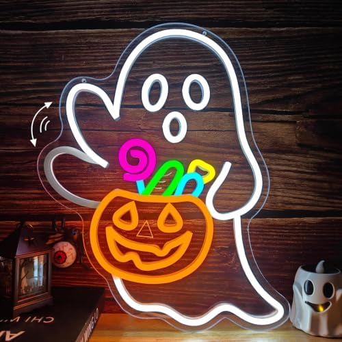 Waving Ghost Pumpkin Candy Basket Halloween Neon Sign Dimmable LED Decor by Geeinar