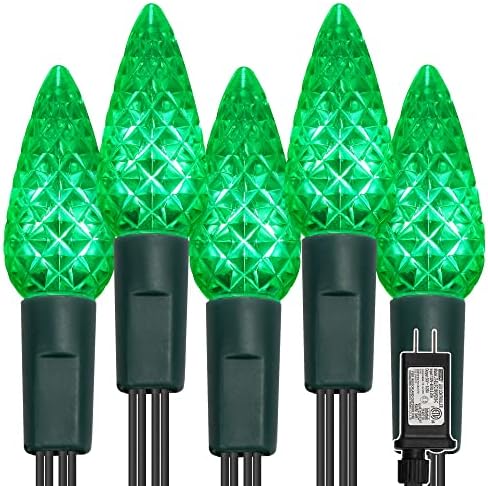 WATERGLIDE C6 Christmas Lights, 33ft 100 LED Faceted String Lights Green Wire Fairy Lights with 29V Safe Adaptor, 8 Lighting Mode, Waterproof for Indoor Outdoor Patio Xmas Tree Party Decor, Green by WATERGLIDE