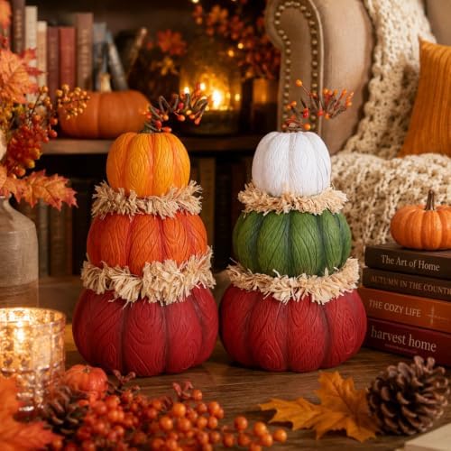 MEETYAMOR Fall Pumpkin Decor, 2 PCS 7.5in Resin Pumpkin Figurines for Fall Decor, Stacked Knit Textured Pumpkins Fall Decorations for Home, Shelf, Table Centerpieces, Autumn, Thanksgiving Decor by MEETYAMOR