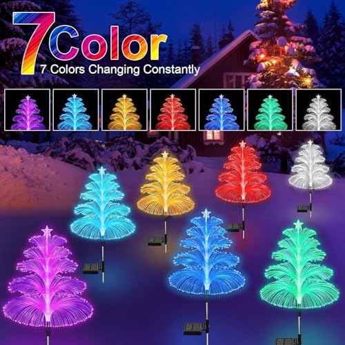 Solar Christmas Decorations Trees Lights Outdoor Waterproof Solar Christmas Tree Jellyfish Lights 5 Layer Optical Fiber 7 Color Changing for Pathway Lawn Patio Outside Decorative, 3PCS - Image 2
