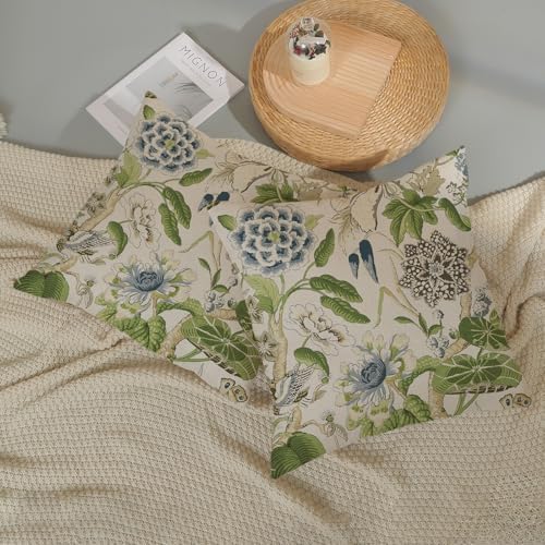 Sage Green Boho Pillow Covers 20x20 Inch 2 Pcs Blue Green Vintage Floral Bird Decor Throw Pillows Chinoiserie Flower Seasonal Outdoor Farmhouse Pillowcase Linen Cushion Cover for Couch Sofa - Image 5