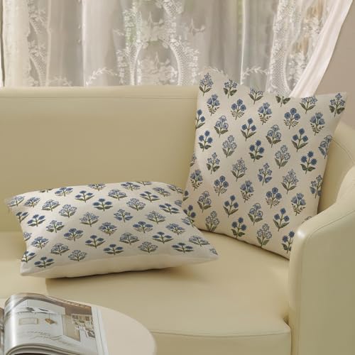 Blue Green Pillow Covers 20x20 Inch 2 Pcs Block Print Vintage Floral Decor Throw Pillows Boho Flower Spring Summer Outdoor Seasonal Decoration Pillowcase Linen Cushion Cover for Couch Sofa - Image 4