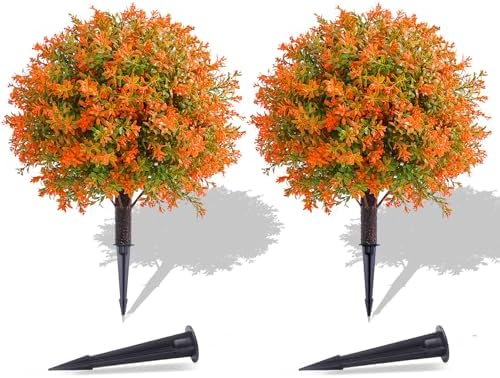 PATIO CHOICE Fall Decor Outdoor Set of 2, Artificial Urn Filler 22in Fall Topiary Ball Tree with Ground Spike Fake Plants Fall Indoor Outdoor Decorations for Front Porch, Porch, Home, Garden,Yard by LittleBeaver