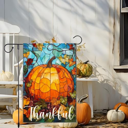 Thankful Thanksgiving Garden Flag, Fall Garden Flags for Outdoor Decor 12x18 Inch Autumn Stained Glass Pumpkin Maple Leaf Double Sided Small Burlap Outside Porch Lawn Yard Decorative Flags - Image 2