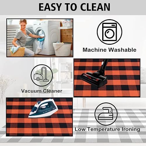 Orange and Black Plaid Rug, 3' x 5' Fall Outdoor Front Door Decor Mat, Cotton Washable Hand-Woven Rug for Layered Doormat, Autumn Halloween Thanksgiving Carpet for Porch, Entryway - Image 6