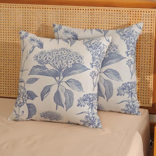 Vintage Blue Pillow Covers 16x16 Inch 2 Pcs Boho Floral Decor Throw Pillows Hydrangea Flower Seasonal Outdoor Farmhouse Neutral Accent Decoration Pillowcase Linen Cushion Cover for Couch - Image 2