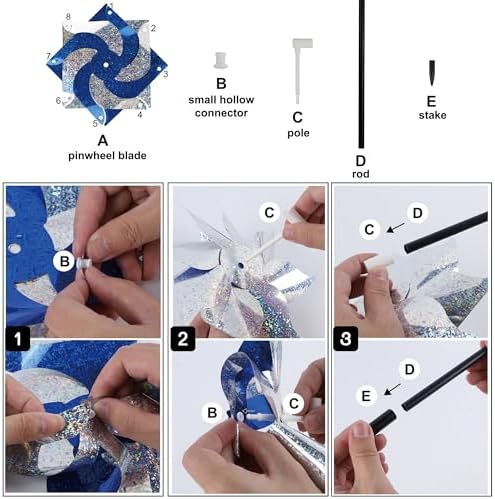 Hausse 10 Pack Reflective Pinwheels with Stakes (Assembly Required), Extra Sparkly Pin Wheel for Garden Decor, Bird Repellent Devices Deterrent to Scare Birds Away from Yard Patio Farm, Blue & Sliver - Image 6