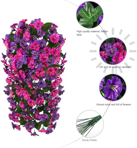 HyeFlora Artificial Fake Hanging Flowers Plants for Outdoor Outside, 2PCS Faux Silk Morning Glory Trailing Vines UV Resistant Look Real for Home Planter Porch Patio (Dark Purple and Fuchsia) - Image 3