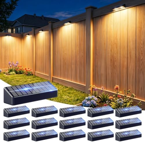 JOFIOS Fence Lights Solar Powered 16 Pack, 3000/4000/6000K 3 Modes, IP65 Waterproof Solar Fence Lights Outdoor, Dusk to Dawn Deck Lights for Outside, Wall, Backyard, Step, Patio, Stair Railings by JOFIOS