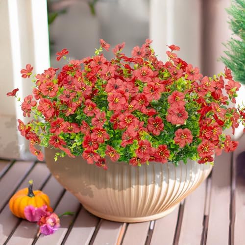 LikSoor 16 Bundles Artificial Flowers Outdoor Spring Summer Decoration Fake Silk Colorful Daisy Eucalyptus Realistic UV Resistant Outside Faux Plants for Garden Porch Window Box Home Decor(Red) - Image 5