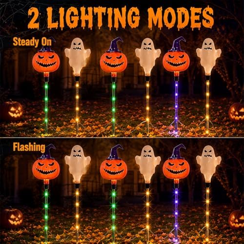 Halloween Decorations Outdoor Solar Lights, 6pcs Ghost Pumpkin Lights with 3 Lighting Modes, Solar Stake Lights Outdoor Waterproof, LED Landscape Light for Garden Pathway (Orange - Pumpkin+Ghost) - Image 2
