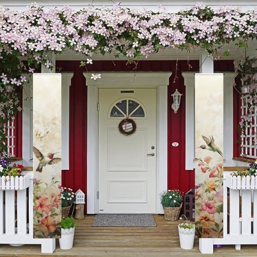 Hummingbird Front Door Hanging Banner Floral Summer Porch Sign Hanging Flag Porch Sign for Front Door Outdoor Seasonal Holiday Wedding Yard Decor Farmhouse Indoor Wall Backdrop - Image 2