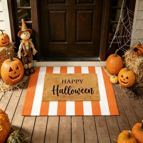 SEEKSEE Happy Halloween Decor Doormat Set, Thick Coco Coir Door Mat + Orange and White Striped Rug, Outdoor Layered Mat for Front Door Non-Slip Backing Floor Mat for Porch - Image 4
