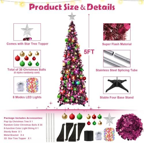 N&T NIETING Pop Up Christmas Tree with Lights & Ornaments, 5FT, Purple - Image 3