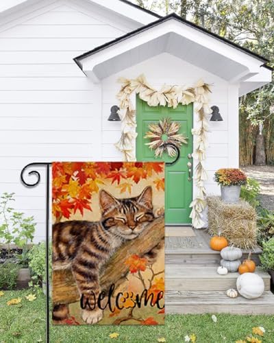 Fall Cat Garden Flag 12x18 in Vertical Double Sided Welcome Autumn Leaves Thanksgiving Decor Harvest Holiday Outside Decorations Burlap Yard Flag - Image 5