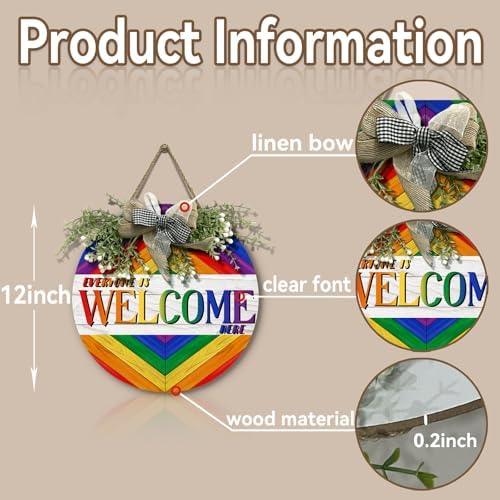 Everyone is Welcome Here Door Wreath Gay Pride Rainbow Wood Door Sign LGBT Welcome Door Hangers with Bow Diversity Decorations Yard Sign Decor for Outdoor Garden - Image 6
