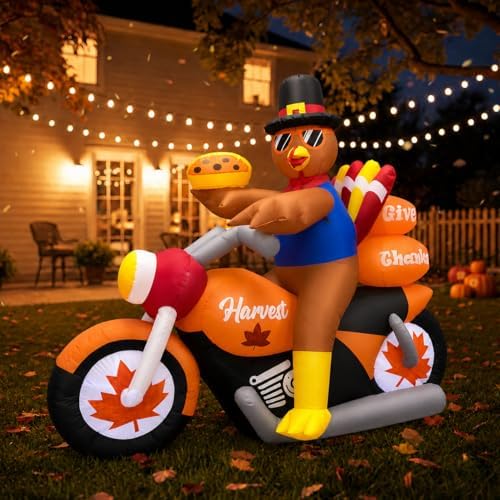6.3FT Long Thanksgiving Inflatable Turkey Riding Motorcycle Outdoor Decor by MowholmHolidayDecor