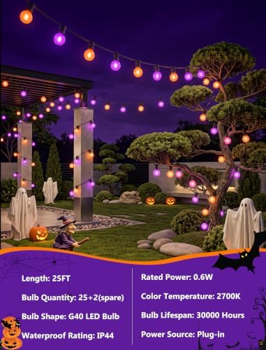 Orange and Purple Halloween Lights Outdoor, 25Ft 27 G40 Shatterproof Bulbs - Image 3