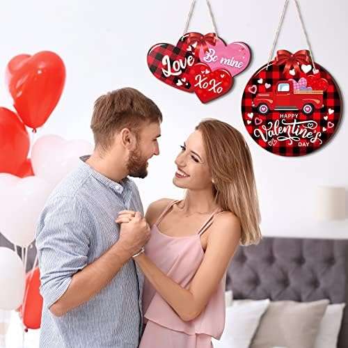 2 Pieces Valentines Day Door Sign Wooden Happy Valentines Day Sign Hanging Valentines Day Truck Decor Heart Shaped Valentines Door Hanger Buffalo Plaid Wooden Wall Decoration for Outdoor Front Door - Image 3