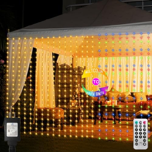 echosari 20Ft x 10Ft Large Curtain Lights Plug in Warm White & Multicolor by echosari