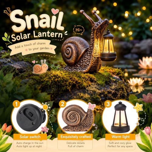 Capoda Solar Snail Statue 8" Garden Resin Retro Snail Figurine Holding Lantern with Solar LED Lights Decorations for Table Outdoor Yard Patio Lawn Porch Decor - Image 3