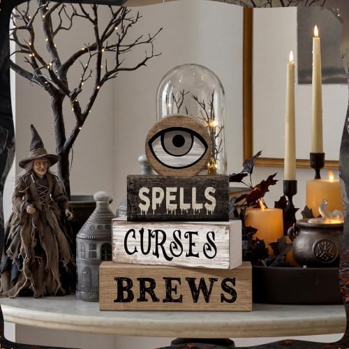 Moucuny 4 Pcs Halloween Table Decor Witchy Wooden Stacked Block Decor - Image 5
