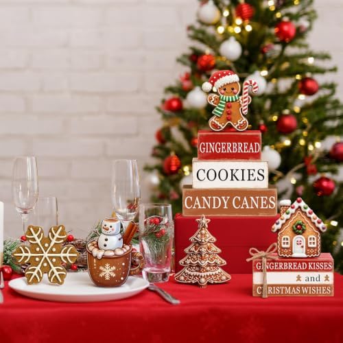 Vercraft 11 Pcs Christmas Gingerbread Table Decorations Farmhouse Wooden Tiered Tray Signs Gingerbread Man Figurine Candy Cane Blocks for Home Winter Christmas Holiday Decor - Image 2