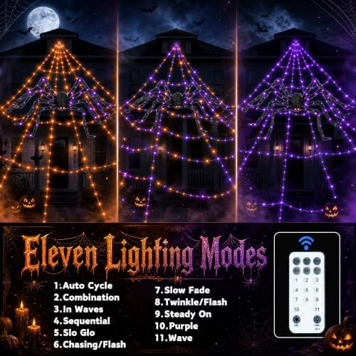 Makion 550 LEDs Halloween Decorations Outdoor Spider Web Lights with Spider - Image 3