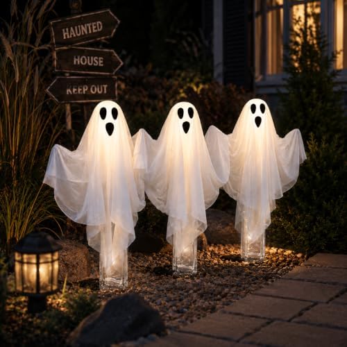 Fun Express Halloween Ghost Yard Stakes - 3 Pack Lighted Lawn Decorations - Image 4