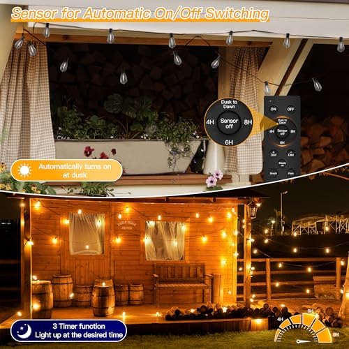 Ollny S11 100FT Outdoor String Lights with Remote, Plug in Waterproof Connectable 3 Modes Dimmable Timers Patio Lights with 48+2 LED Spare Bulbs, Dusk to Dawn Outdoor Light for Outside Bistro Yard - Image 3