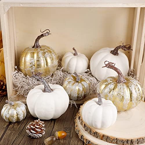 winemana 16 Pcs Golden and White Pumpkins Fall Decorations for Home - Image 4