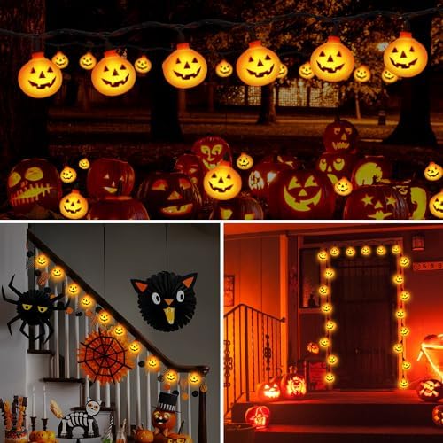 Pumpkin Halloween Decorations Lights, 8.5FT Pumpkin String Lights with 10 LED Waterproof Orange Jack-O-Lantern Lights for Outdoor Indoor Home, Halloween Party Decorations, Black Wire, Plug in - Image 2