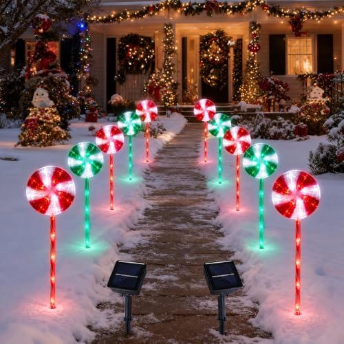 BRIGHTDECK Lollipop Solar Christmas Pathway Lights Outdoor, LED Christmas Decor with 8 Lighting Modes, Light Up Solar Stake Lights for Holiday, Xmas (Red＆Green, 10Pack) by BRIGHTDECK