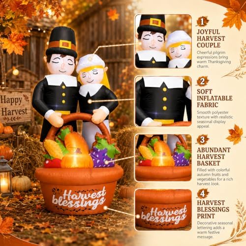 6FT Fall Thanksgiving Inflatable Pilgrim Couple with Harvest Basket Decor - Image 3
