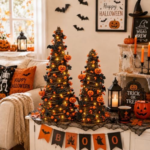 2Pack Lighted Halloween Tabletop Trees with Timer, Pumpkin Bat Decor - Image 2