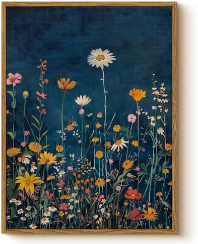 WHASAYART Botanical Floral Canvas Print 12x16 Framed Wildflower Wall Art, Rustic Dark Blue Colorful Flower Artwork, Vibrant Vintage Painting Living Room Kitchen Bedroom Hallway Home Decor by WHASAYART