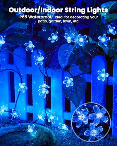 Brightown 60 LED Solar Flower String Lights for Outside Waterproof Fairy Lights for Garden Yard Fence Patio Christmas Tree Wedding Party Decor, Blue - Image 2