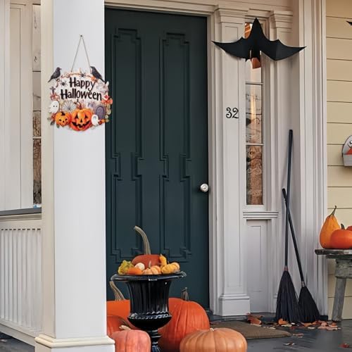 Halloween Decoration Wood Door Plaque - Rustic 9.2x8.8 Inch Handcrafted Sign with Raised Pumpkins, Ravens & Ghosts, Spider Web Design for Porch Wall Decor. Layered Artisan Craft. Halloween Party Outdoor indoor Supply - Image 4