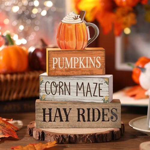 Lineshading 4 Pcs Fall Tiered Tray Decor, Wooden Pumpkin Farmhouse Signs - Image 2