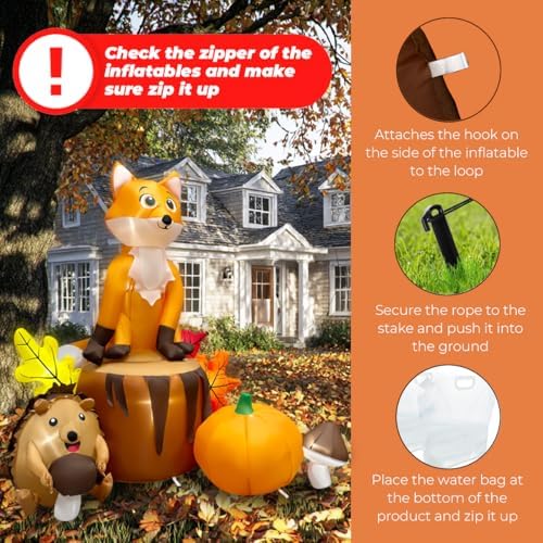 5.7ft Fall Inflatable Thanksgiving Fox and Hedgehog with Pumpkin Outdoor Decorations, Large Blow Up Yard Decorations with Maple and Mushroom, LED Lighted Home Indoor Decor - Image 5