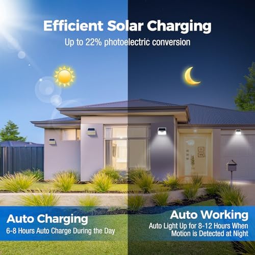Peasur White Solar Lights Outdoor Waterproof, 6Pack 140LED Solar Powered Motion Sensor Light, 3 Modes Security Wall Lights for Fence Garden Yard Outside - Image 3