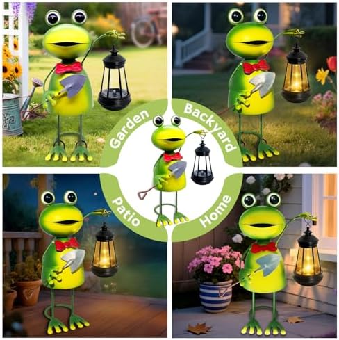 Solar Garden Lights Frog Statue with Solar Lantern,13.78in Tall Frog Decor - Image 4