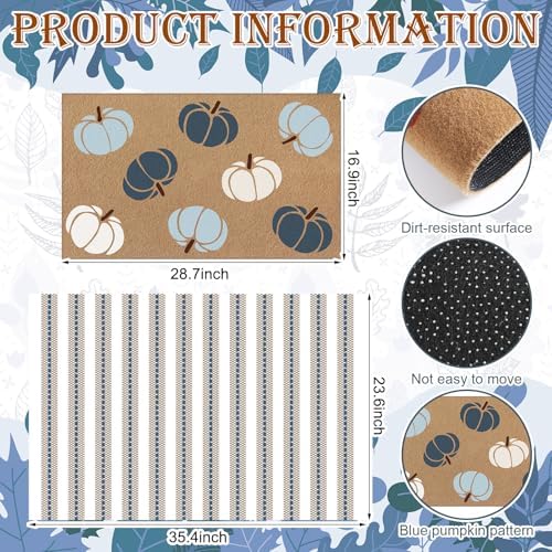 Drydiet Fall Porch Doormat Non Slip, Pumpkin Pattern Blue White - Image 3