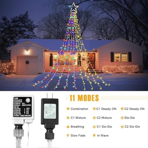 Christmas Decorations Star String Lights, 320 LEDs Outdoor Waterfall Tree Lights with 13" Topper Star, Plug in Waterproof Hanging Fairy Lights for Xmas New Year Holiday Party Yard Decor - Image 4
